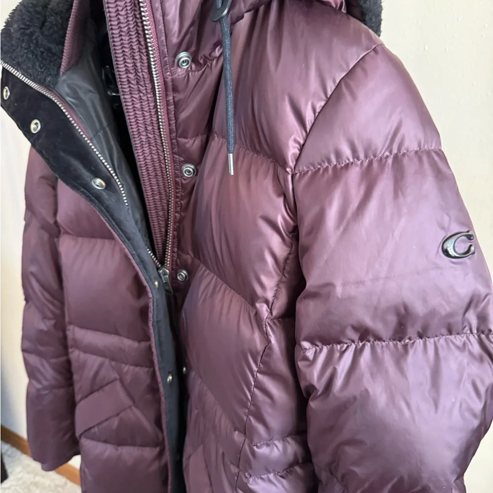 Coach Plum Down Puffer Coat Long Hooded Faux Fur Trim Small Winter - Picture 6 of 16